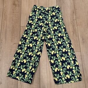 Linen Lemon Print Wide Leg Navy Crop Pants Coastal Summer Amalfi Style LOFT XS